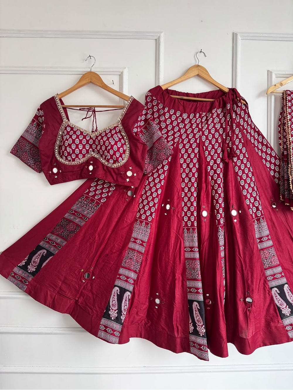 Garba special Maroon Printed Lehenga Set with Mirror Work